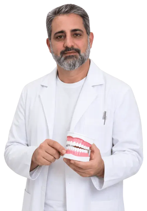 Dentista especialista mostrando prótese dentária protocolo